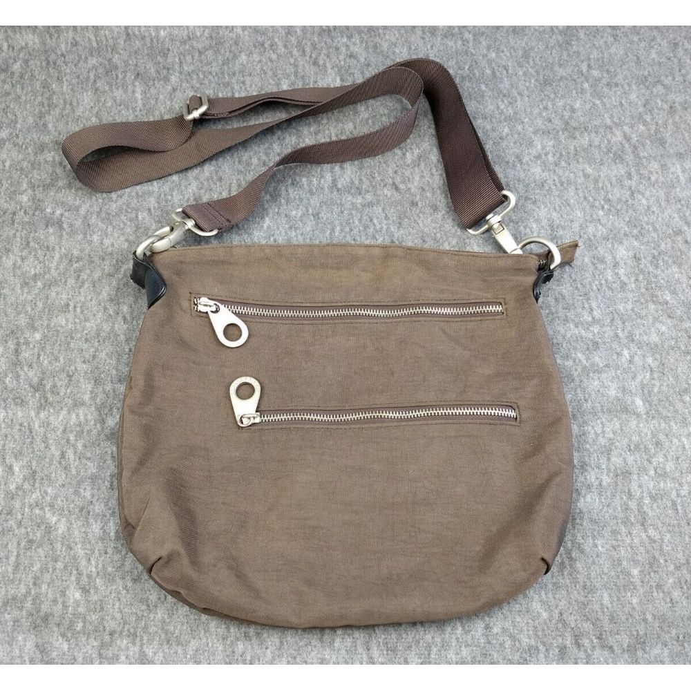 Baggallini Triple Zipper Crossbody Bag Brown Red Lining Logo Travel Organizer